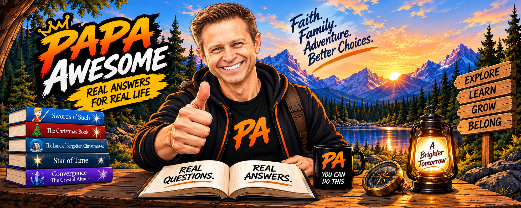 Illustrated Papa Awesome with books, a lantern, mountains, and the words Faith, Family, Adventure, Better Choices.